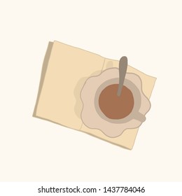 open book or notebook and cup of coffee. flat object. 