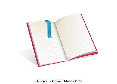 Open book, notebook flat illustration. Knowledge, wisdom and education. Blank notrpad isolated clipart. Book with white pages and bookmark design element. Literature reading, studying, learning