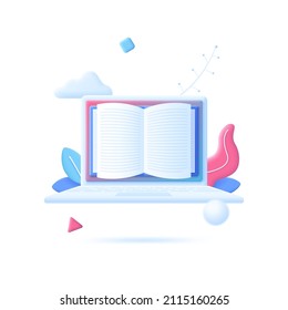 Open book, notebook or publication. Concept of scientific literature, academic reading, literary knowledge, reading and studying. Modern vector illustration in 3d flat style for banner, poster.