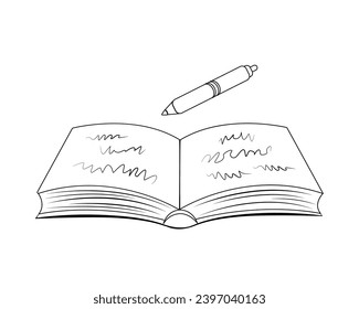 Open book for notes and ballpoint pen. Vector black line drawing. Doodle style