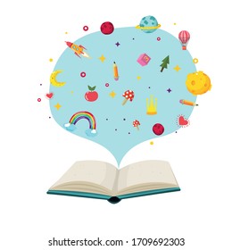 open book with objects flying out of it vector illustration