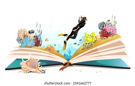 Libro abierto con concepto de fantasía oceánica. Bucear en el mundo submarino con diferentes peces, algas marinas, arrecifes de coral en una página colorida. Aventura de verano. Leer la historia de Journey en caricatura. Ilustración del vector