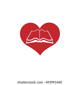 an open book on the background of red heart