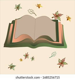 offenes Buch auf beigem Hintergrund mit Herbstblättern.  Vektorillustration Illustration, Beginn des Schuljahres, Studienzeit. Aus welchem Papier besteht das Papier?