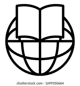 Open book on the globe icon. Outline open book on the globe vector icon for web design isolated on white background
