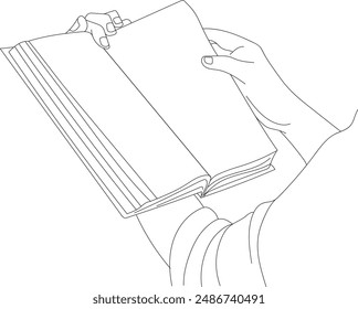 Offenes Buch Auf der Hand, Stapel Bücher zum Lesen, Hand gezeichnet in dünner Linie Stil