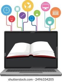 Open book on laptop with educational icons