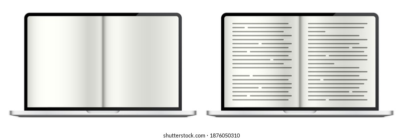 Un libro abierto en la pantalla del ordenador portátil. Lectura digital, o concepto de educación en línea, ilustración vectorial.