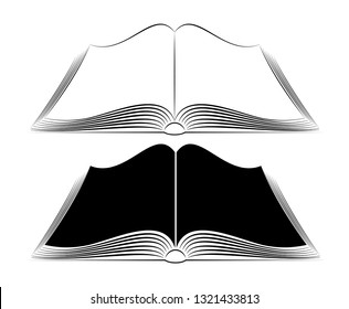An open book on the table. Simple black outlines. Logo or emblem of a bookstore or knowledge base. FAQ