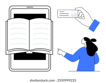 Open book on a tablet screen with a hand holding an ID card and person pointing. Ideal for digital learning, identification processes, e-books, online education, and technology. Clean line art