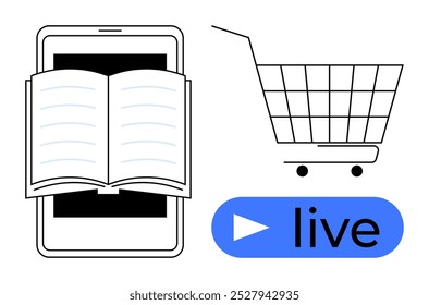 Open book on a tablet and a shopping cart next to a live stream button. Ideal for e-learning, online shopping, digital media, mobile technology, and live streaming themes. Simple line art style