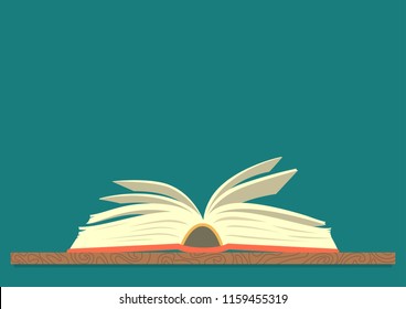 Open book on teal background. Education vector illustration with place for your text.