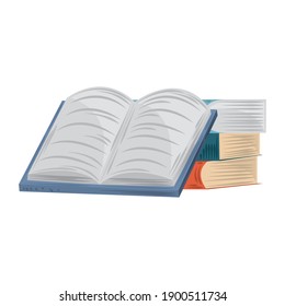 open book on textbooks stack, learn academic and education vector illustration