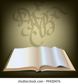 Open book on a vintage background, calligraphic letters