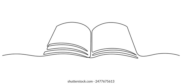 open book one line drawing continuous. education concept thin line illustration