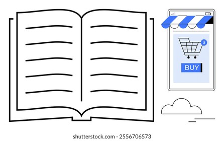 An open book and an online shopping cart with a buy button. Ideal for e-commerce, online bookstores, digital shopping, education, and reading. Minimalist style. Showing transition of traditional to