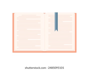 Libro abierto con tapa naranja y marcador azul, aislado sobre fondo blanco. Ilustración vectorial plana