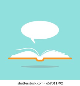 Open book with orange book cover and white speech bubble flying out.  Isolated on powder blue background. Flat reading icon. Vector illustration. quotation logo. Fairytale pictogram.