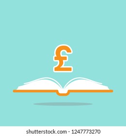 Open book with orange pound sterling sign flying out isolated on blue background.  Money book business concept. Flat vector illustration. Account book symbol.  Investment ideas.