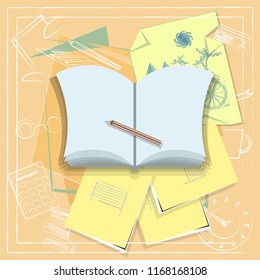 Open book and other school supplies on an abstract background. Vector illustration