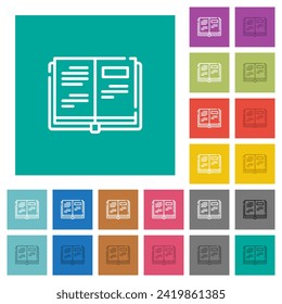 Open book outline multi colored flat icons on plain square backgrounds. Included white and darker icon variations for hover or active effects.