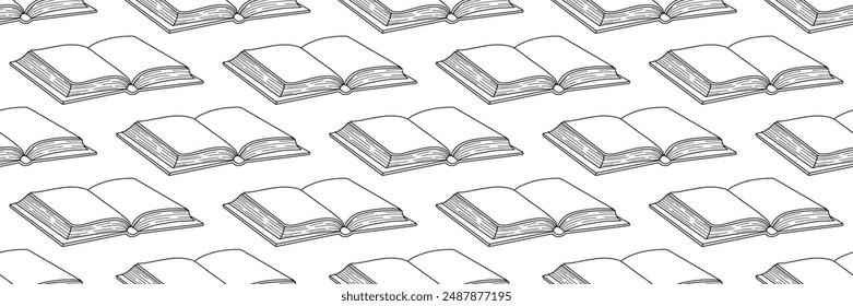 Abrir patrón de esquema de libro. Fondo de Educación del Día Mundial del Libro. Concepto de regreso a la escuela. Para tienda, Biblioteca, tarjetas, papel de embalaje, Fondo de pantalla, tela, textil. Ilustración plana de Vector.