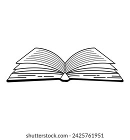 Open book outline. Realistic simple hand drawn style, pages with text. Isolated vector art illustration for school, bookstore, dictionary, teacher, writer. Drawing for learning, study, knowledge