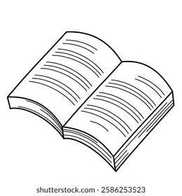 Open book outline. Realistic simple hand drawn style, pages with text. Isolated vector art illustration for school, bookstore, dictionary, teacher, writer.