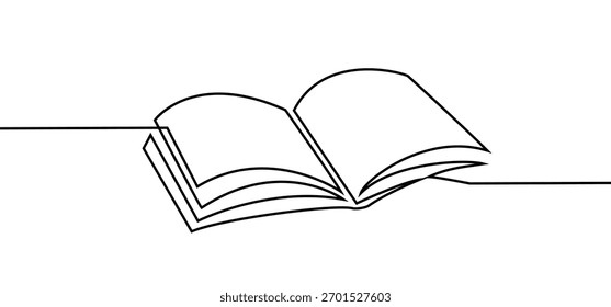 Open book outlines with clean, continuous black one line with pages spread for education, books shop