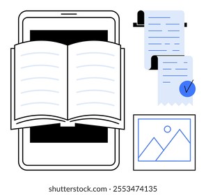 An open book over a tablet, a checklist with a checkmark, and a framed picture. Ideal for online education, digital documentation, e-readers, paperless workflow, and digital art display. Clean modern