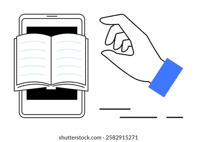 Open book overlaying smartphone screen with a hand gesturing interaction. Ideal for e-learning, online libraries, mobile reading apps, digital publications, education technology, remote learning