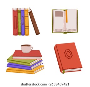 Abrir página de libro y taza de té o café en estilo plano. Pila de libros en Biblioteca o tienda