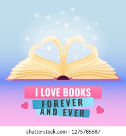 Open book with page decorate into a two hearts shape for love in Valentines day. Romantic reading, I love books concept. Vector illustration