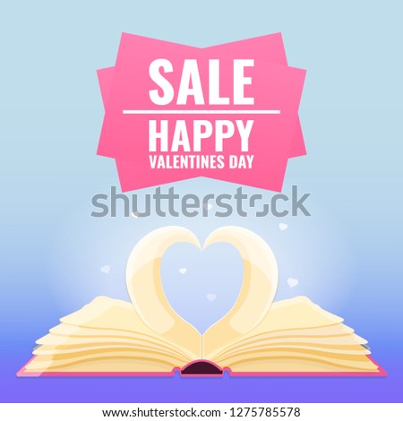 Open book with page decorate into heart shape for love in Valentines day. Books sale for Valentines Day concept. Vector illustration