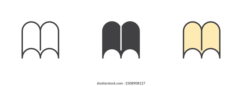 Öffnen Sie die Buchseite mit einem anderen Stil Symbolsatz. Linie, Glyphe und gefüllte Kontur bunte Version, Kontur und gefüllte Vektorzeichen. Symbol, Logo-Abbildung. Vektorgrafiken