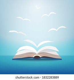 Open Book With Page Flying As Bird Teamwork Paper Art Style.Imagination For Education, Idea And Learning Concept.Vector Illustration.