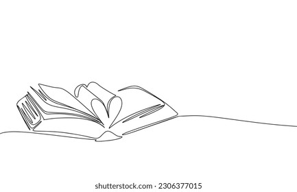 Open book with page as heart. One line continuous symbol heart. Line art, outline, single line silhouette. Hand drawn vector illustration. 