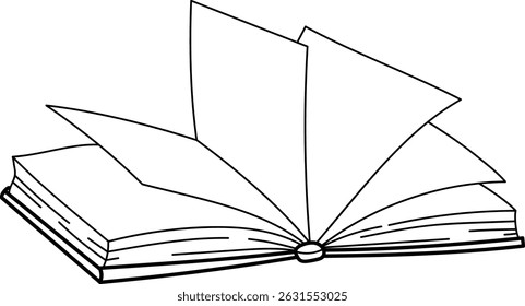 An open book with pages appearing to fly out, drawn in a clean line style. The book's pages are depicted as if caught in motion, emphasizing dynamic movement. Cartoon vector illustration.