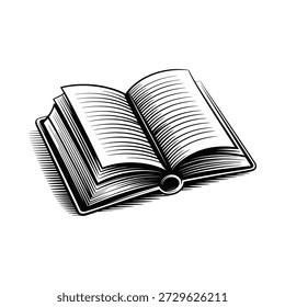 Open book with pages and binding on a plain background