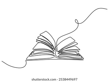 Open book with pages blowing in the wind depicted in continuous one line drawing. Education concept symbolizing freedom of knowledge and learning.