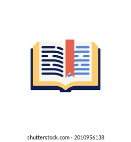 Abrir páginas de libros con icono plano marcador, signo vectorial, pictograma colorido aislado en blanco. Símbolo educativo, ilustración del logo. Diseño de estilo plano