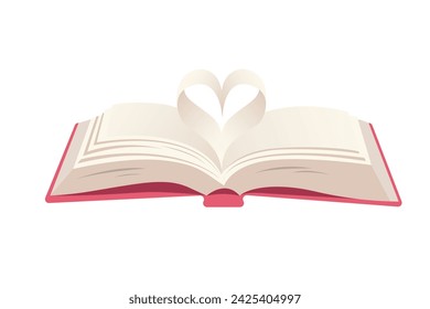 Open book with pages cartoon style. Vector the heart symbol formed by the book page. isolated on background. World book day.