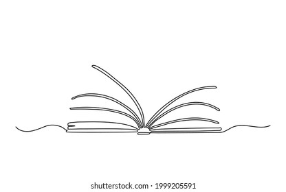 Open book with pages, continuous one line drawing. Library, education supplies, back to school. Vector outline illustration