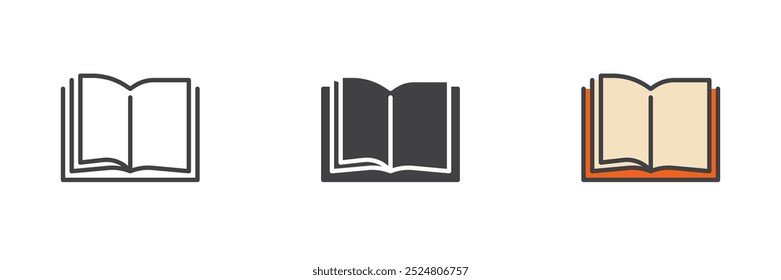 Open book pages different style icon set. Line, glyph and filled outline colorful version, outline and filled vector sign. Book reading symbol, logo illustration. Vector graphics