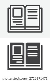 Open book pages different style icon set with line, outline and solid icon versions. Editable stroke vector sign and symbol for reading and learning. Book icon.