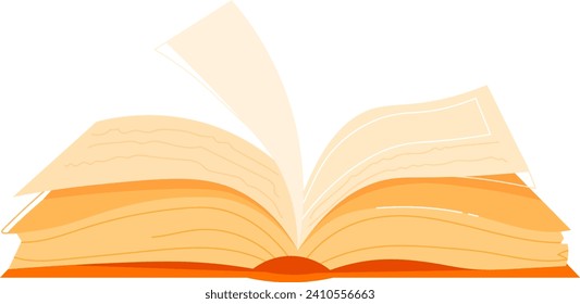 Open book with pages fluttering. Orange cover and white pages with text lines. Knowledge and education concept vector illustration.