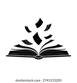 An open book with pages fluttering upwards, symbolizing the spread of knowledge, learning, and literary exploration.