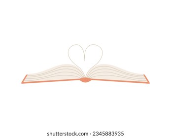 Open book with pages folded in shape of heart. The book is a symbol of knowledge, learning. A concept for lovers of reading, literature and learning. Simple flat vector illustration isolated on white