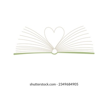 Open book with pages folded in shape of heart. The book is a symbol of knowledge, learning. A concept for lovers of reading, literature and learning. Simple flat vector illustration isolated on white.