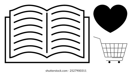 Open book with pages, heart shape, and shopping cart in black and white. Ideal for education, love, shopping, literature, and minimalism themes. Simple lines, clear symbols, monochrome